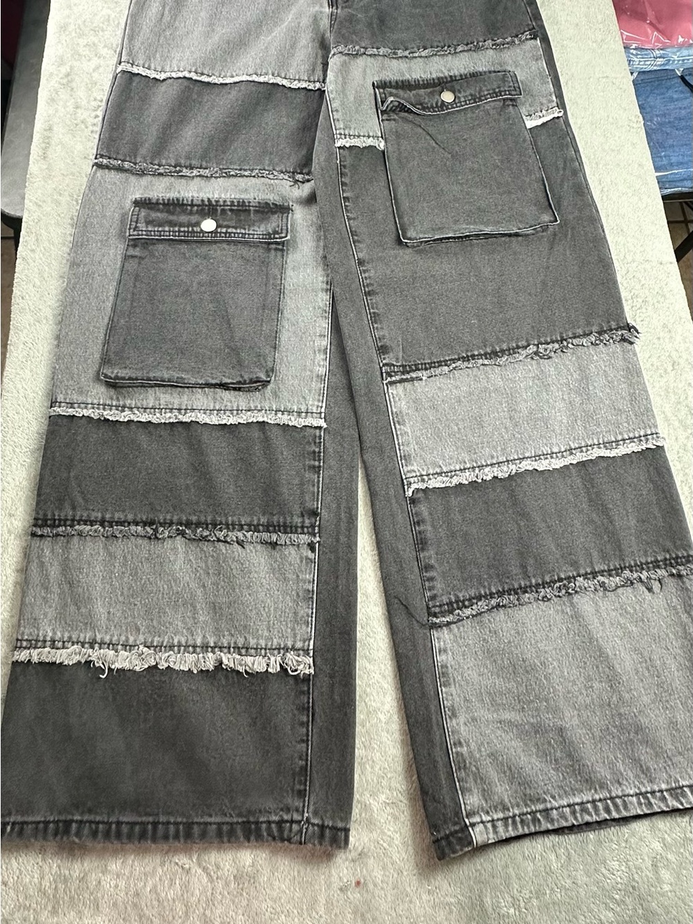 Fashion Nova Patchwork Cargo Wide Leg Jeans Gray Black Size 13 Y2K Streetwear